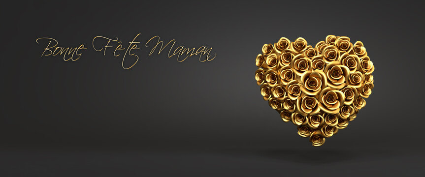 A heart of golden roses in front of a black background and the French message "Bonne Fête Maman" ("Happy Mother's Day"). Web banner format