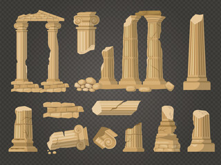 Fototapeta na wymiar Pillars ruins. Ancient damaged architectural objects exterior building ruins recent vector illustrations in flat style