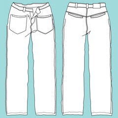 Technical fashion illustration Unisex denim pants with technical drawing planetary fashion cuts, pocket, zipper, front and back view, white, women, men, CAD makeup.