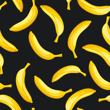 Seamless pattern with yellow bananas on a black background. Vector illustration
