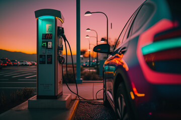 Fototapeta na wymiar Alternative energy vehicle refueling at a gas station. Eco-friendly car charging at a gas station. EV recharging at a petrol station. Created with generative technology.