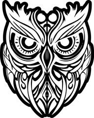 ﻿A black and white owl tattoo featuring Polynesian designs.