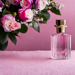 Crystal empty perfume bottle with green leaf pink roses on pink background. Generative AI
