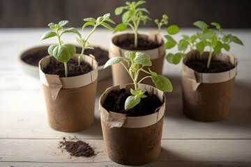 Pots for growing seedlings are on a wooden table, Generative AI 4