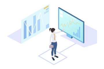 Woman finance analyst analyzing the financial results of the business. Market indicators in the chart, bar and graph are displayed on the dashboard. Infographic of success income. Vector illustration