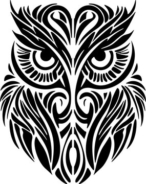 ﻿Owl tattoo with black, white, and Polynesian designs.