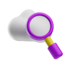 Technology, magnifiying glass with cloud engineer, 3d illustration icon