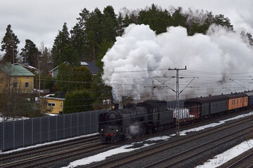 Arrival of old museum locomotive Ukko-Pekka in Finnish Kerava town.