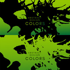 Green artistic horizontal banners with black paint splash decoration elements. Abstract creative design. Backgrounds collection with hand drawn texture.