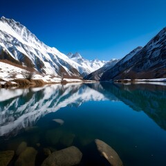 clear lake with mountains in the background