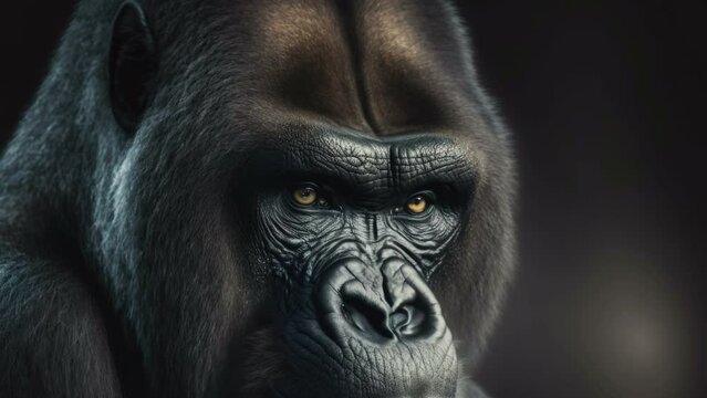 The mad face of the black gorilla staring far away on a dark night AI generated
