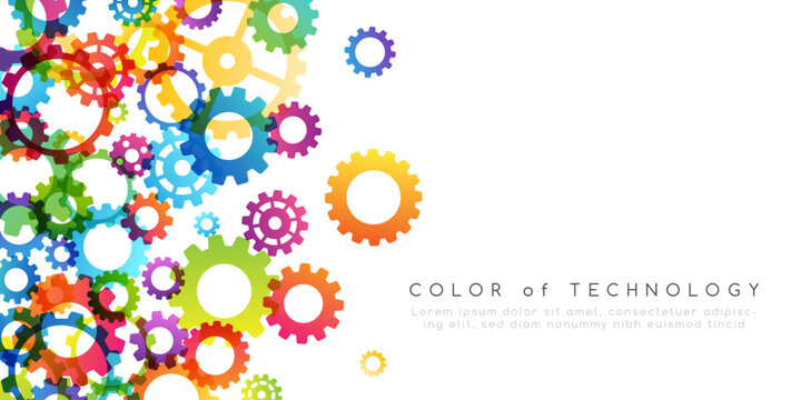Technology abstract background from rainbow gearwheels composition. Vertical border for teamwork, industrial, communication or automation conceptual design.
