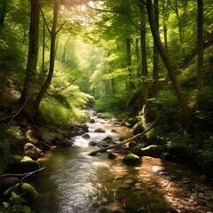 stream running through dense green forest