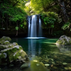 waterfall in green lush jungle