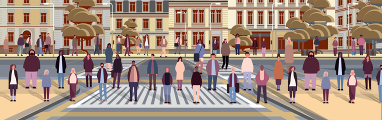 multiethnic people group walking outdoor mix race men women citizens crowd going along city street cityscape background