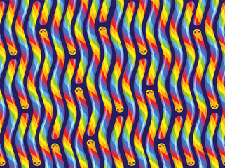 Cute jelly worms on a black background seamless pattern. Vector image of rainbow sweets. Repeated pattern design. 