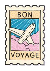 Cute postage stamp with an airplane flying through the pink clouds. Vector cartoon illustration. 