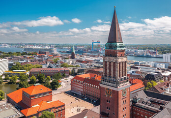 Cityscape of Kiel, Schleswig-Holstein, Germany. Aerial view of the Town hall (Rathaus) tower on a sunny summer day. - obrazy, fototapety, plakaty