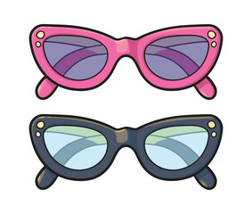 Cat eye sunglasses collection of pink and black glasses. Cartoon style vector clip art isolated on white background. Female accessory. 