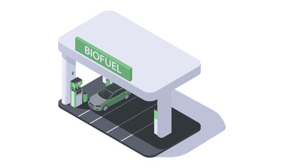 Biofuel gas station for electric car in isometric 3d view. Eco energy concept for city transport. Safe environment with clear bioenergy for vehicles. Vector illustration isolated on white background
