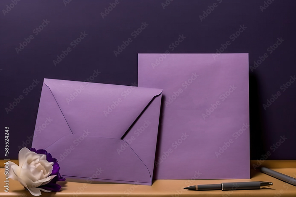 Poster a purple paper bag with a flower and pen on a table with a purple wall behind it and a purple envelo