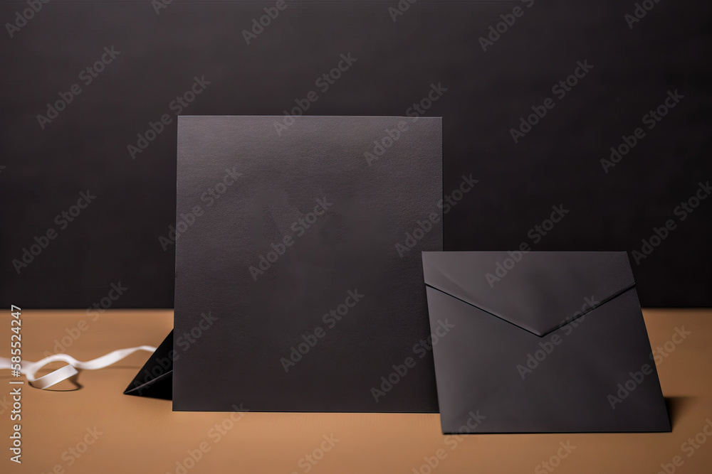 Poster a black envelope and a black card on a table with a white ribbon and a black envelope with a white r
