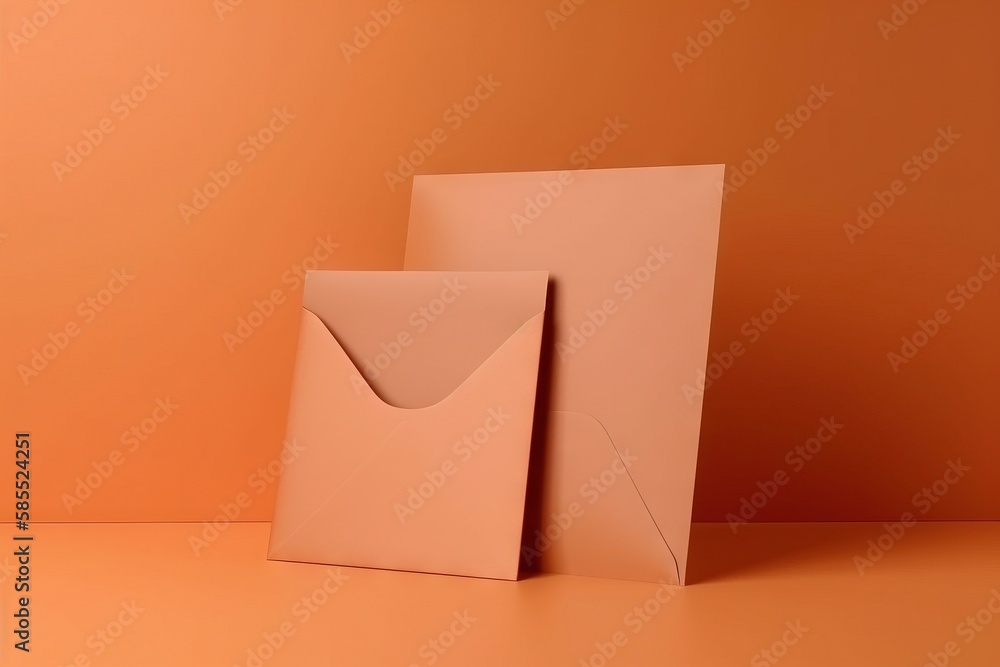 Poster a pair of pink envelopes sitting on top of an orange surface with a white envelope in the middle of 