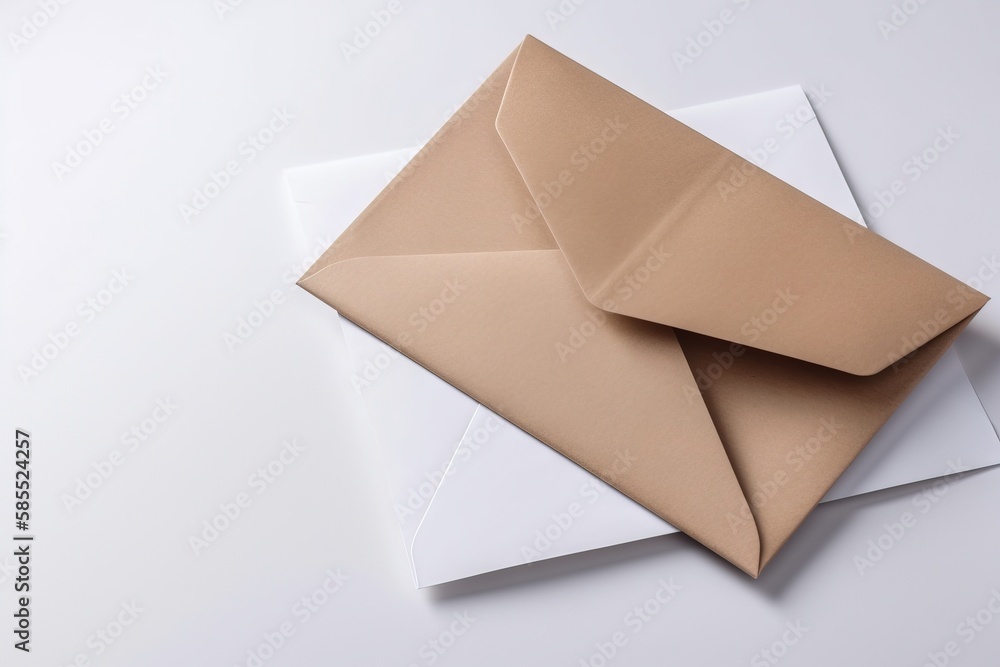Poster a close up of an envelope on a white surface with a brown envelope on top of it and a white envelope