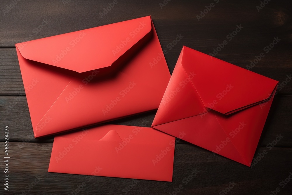 Poster two red envelopes on a wooden table with a piece of paper in the middle of the envelope and one in t