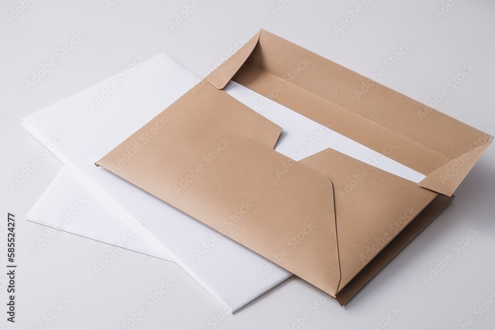 Poster a box with a piece of paper sticking out of it on top of two sheets of paper on a white surface with