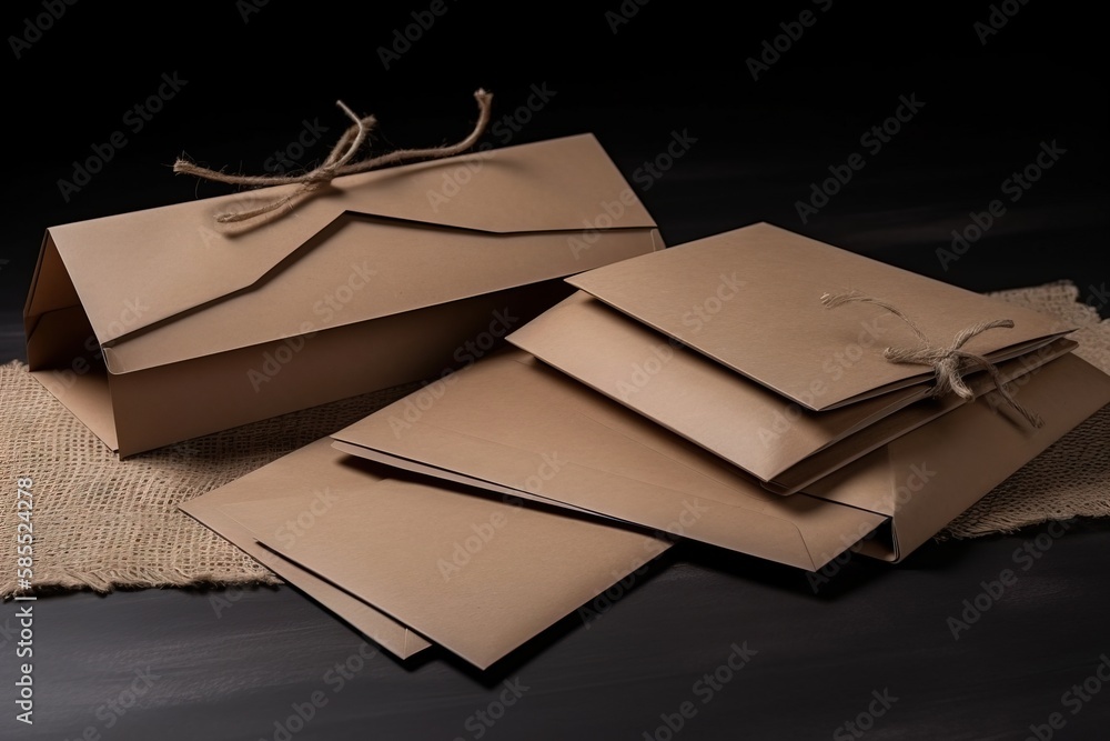 Poster a pile of brown envelopes sitting on top of a cloth covered table cloth with twine of twine on top o