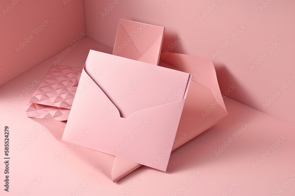 Poster a pink envelope with a piece of paper sticking out of it on a pink surface with a pattern on the bot