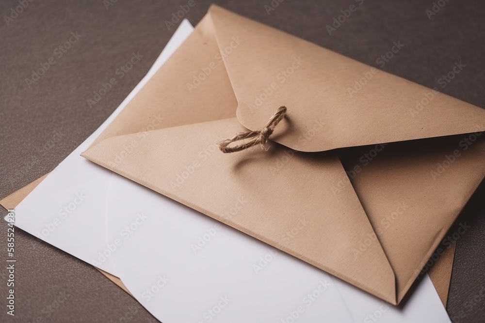 Poster a brown envelope with a string tied to it sitting on top of a white envelope on a brown tablecloth c