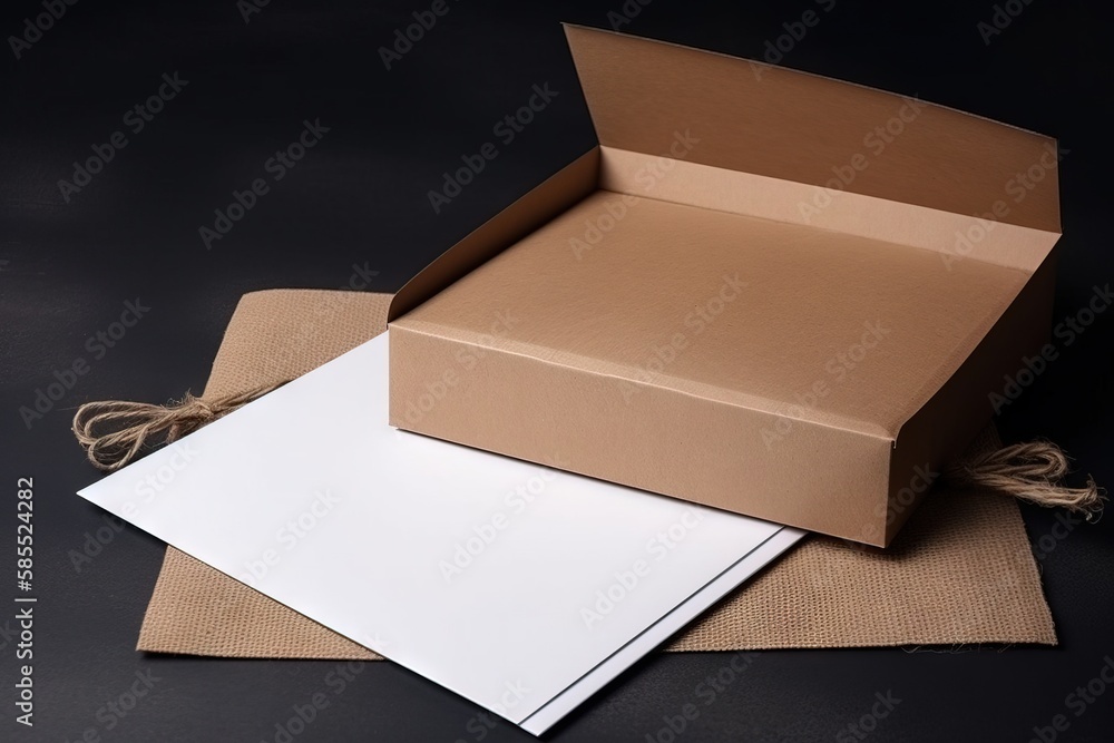 Poster a cardboard box and a white paper on a black surface with twine of twine on top of the box and a bro