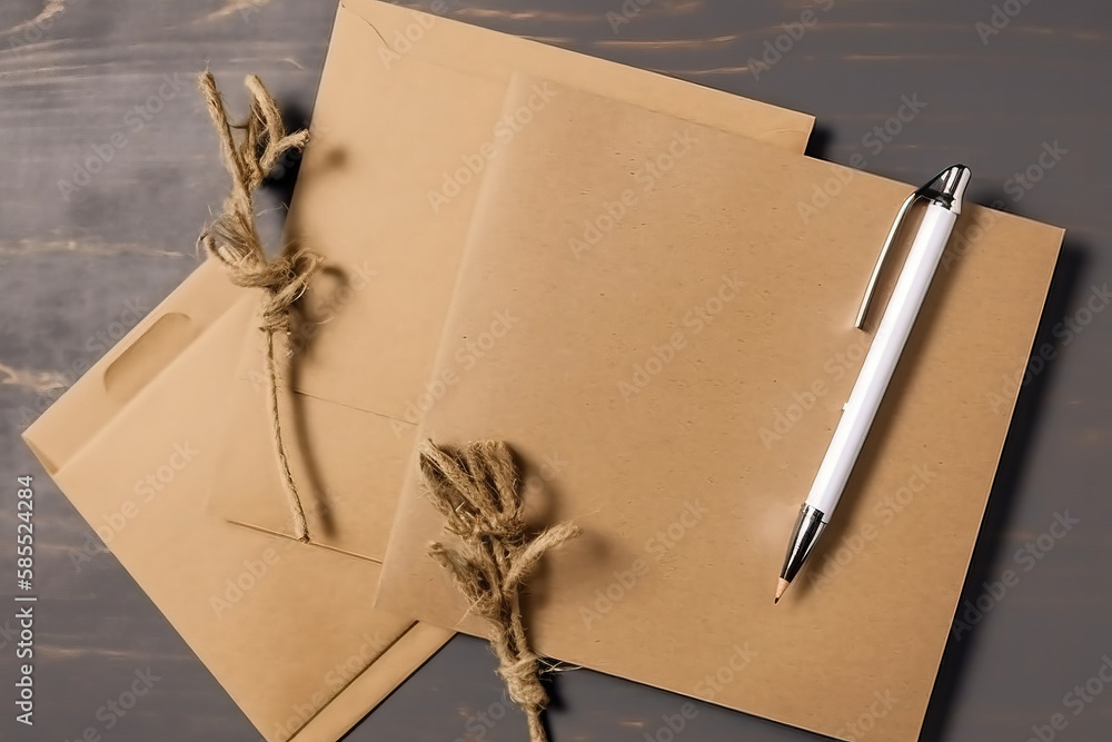Poster two brown envelopes with a pen on top of them next to a brown envelope with a notepad and a pen on t