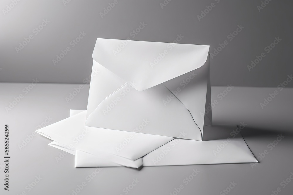 Poster a white envelope sitting on top of a white sheet of paper next to a pile of folded papers on a table