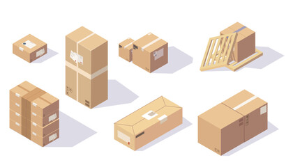 Fototapeta premium Set of delivery cardboards boxes 3d isometric icons. Closed carton boxes isolated on white background. Packaging box images. Different types of brown pack for household appliances. Vector illustration