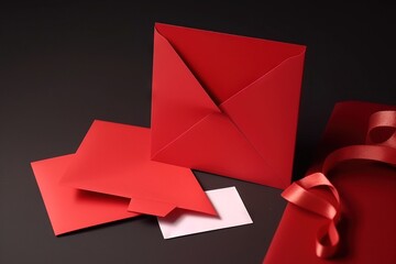  a red envelope with a red ribbon and a white card with a red bow on a black background with a red ribbon and a white card with a red bow.  generative ai