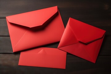  two red envelopes on a wooden table with a piece of paper in the middle of the envelope and one in the middle of the envelope.  generative ai