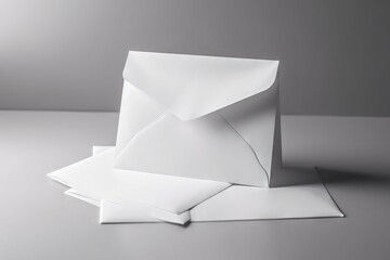  a white envelope sitting on top of a white sheet of paper next to a pile of folded papers on a table top with a gray background.  generative ai