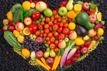 Naklejka na ściany i meble Scene of an array of colourful fruit and veg arranged into a heart shape
