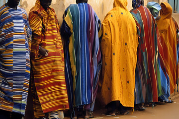 Boubou - A loose-fitting, flowing garment worn by men and women in West Africa.  Made of cotton or silk and features vibrant colors and patterns (Generative AI)