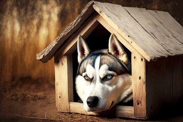 Purebred Siberian husky dog lying in wooden doghouse, created with generative ai