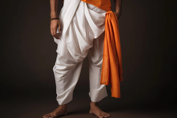 Dhoti - A traditional Indian garment worn by men.  A rectangular piece of cloth that is wrapped around the waist and legs and secured with a knot (Generative AI)