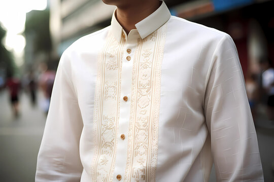 Barong Tagalog - A traditional shirt worn by men in the Philippines.  Made of lightweight fabric and features intricate embroidery or lacework (Generative AI)