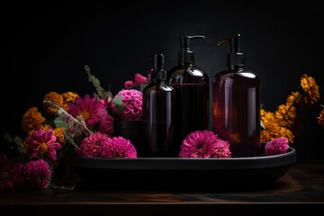  a plate with three bottles of lotion next to a bunch of flowers.  generative ai