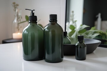  three green bottles sitting on a counter next to a bowl.  generative ai