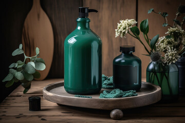  a green bottle sitting on top of a wooden table next to a vase of flowers.  generative ai