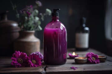 Obraz na płótnie Canvas a bottle of liquid sitting on a table next to flowers. generative ai