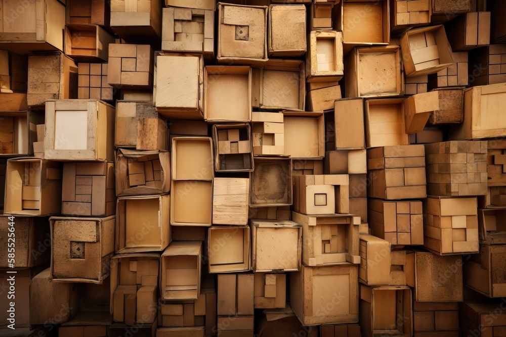 Poster a large pile of wooden boxes stacked on top of each other in a room with a wall made of them in diff